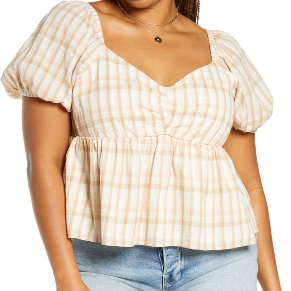 BP Tan Beige Pink Plaid Gauze Babydoll Top Cottagecore Shirt Puff Sleeve